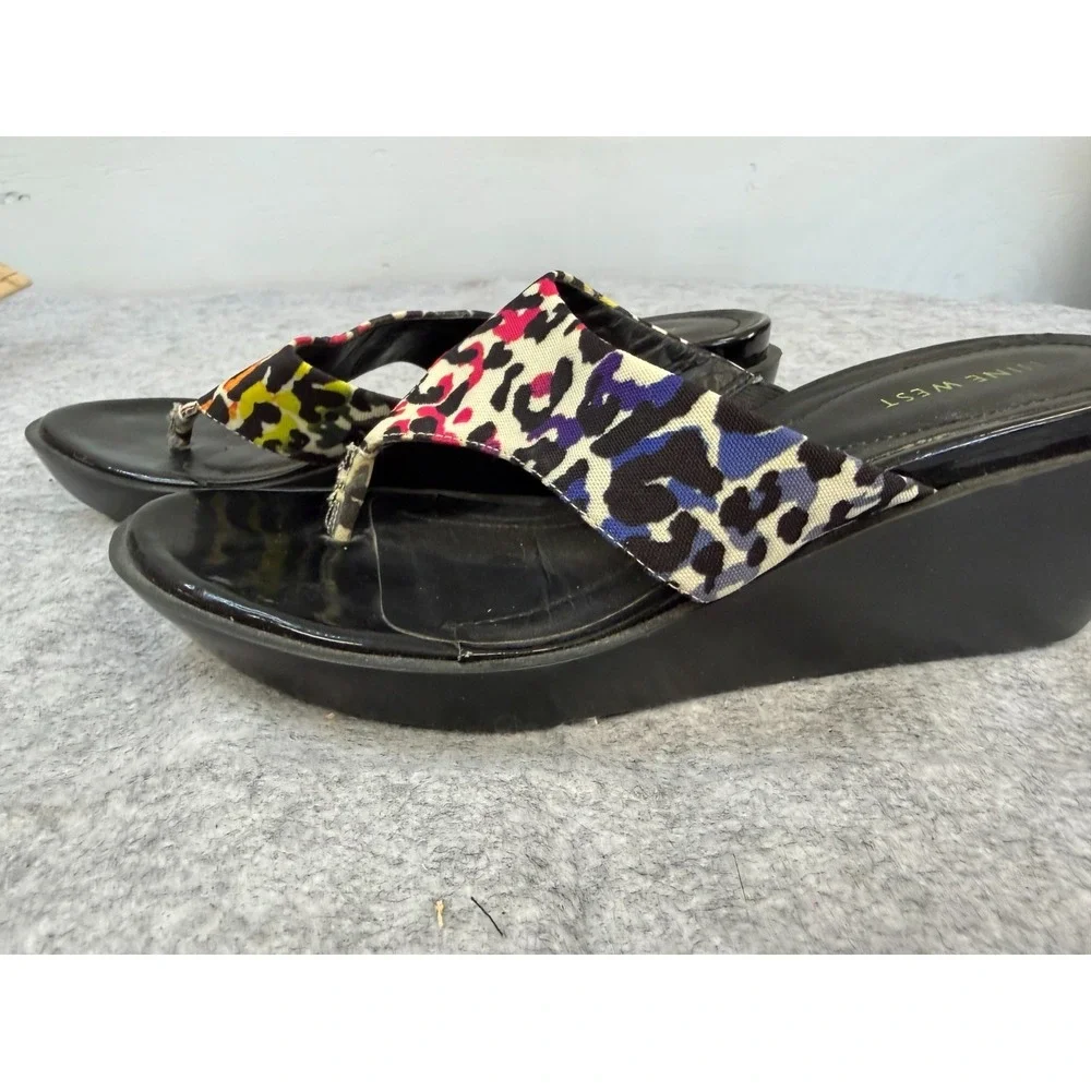 Nine West Mulitcolor Leopard Thong Wedge Sandal Women's Size 9M